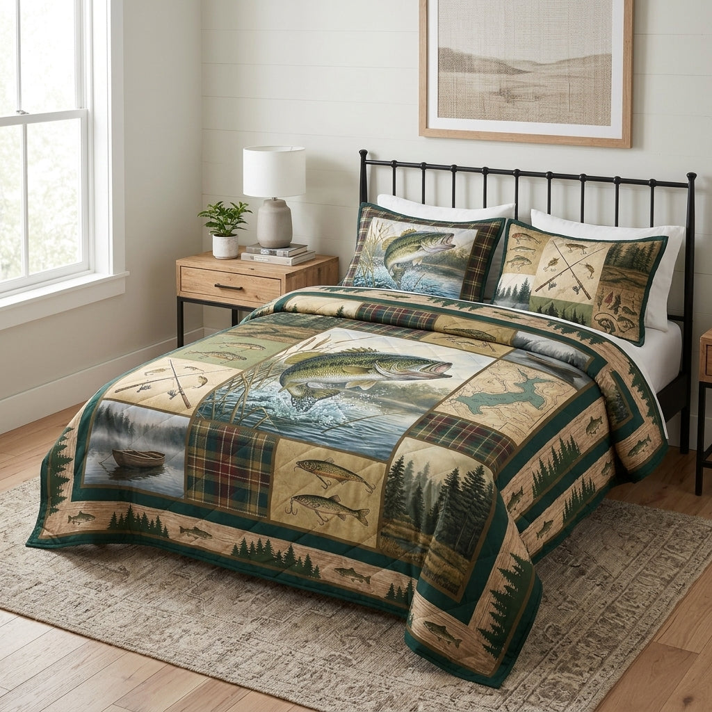 Bass Fishing Wilderness Adventure Quilted Bedding Set