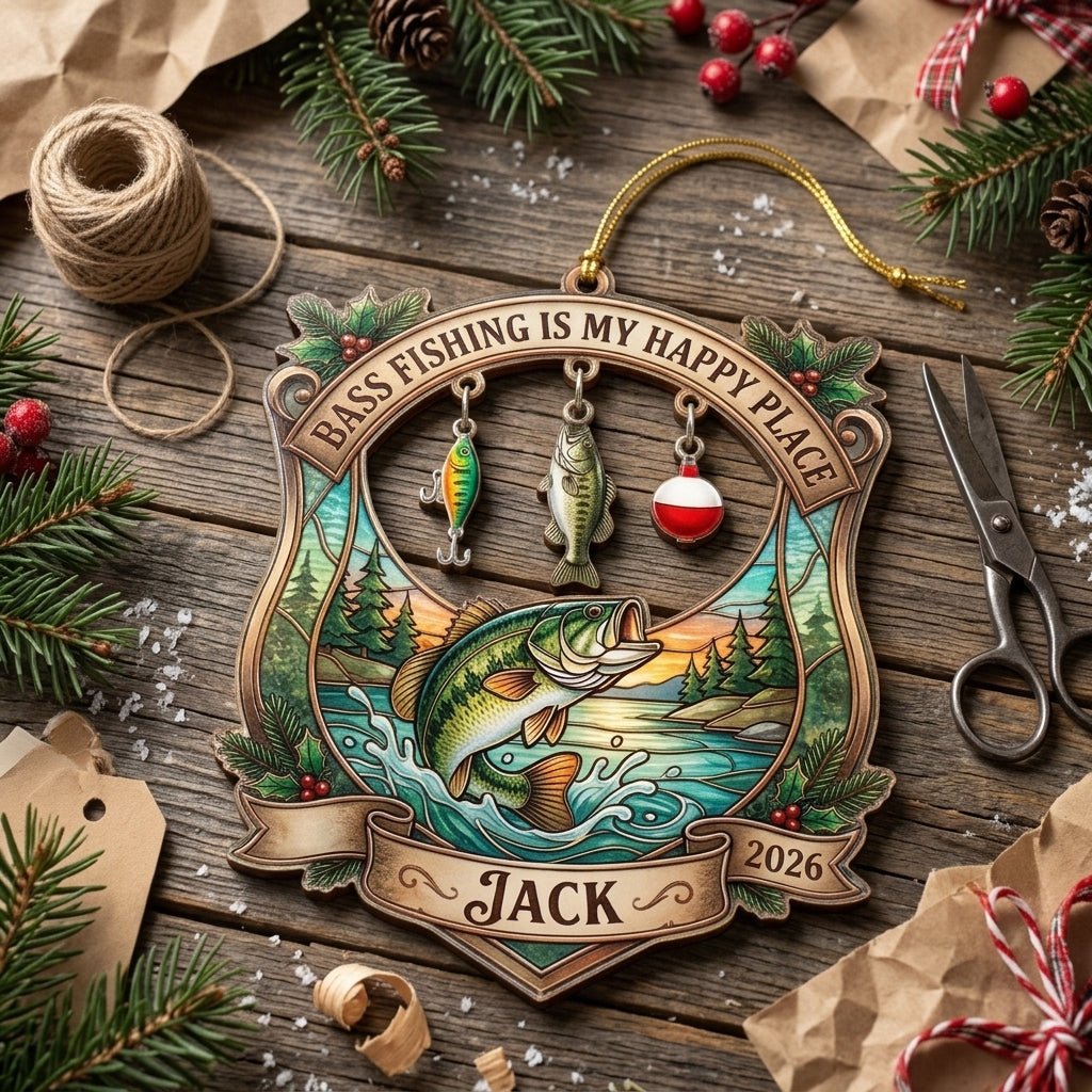 Bass Fishing Is My Happy Place Personalized Christmas Ornament