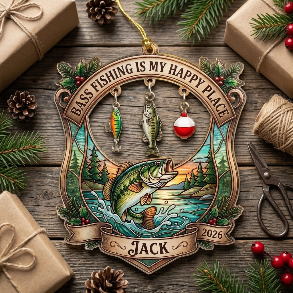 Bass Fishing Is My Happy Place Personalized Christmas Ornament