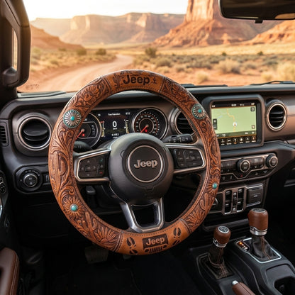 Western Tooled Leather Cactus & Turquoise Floral Design Steering Wheel Cover