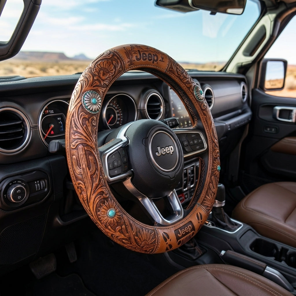 Western Tooled Leather Cactus & Turquoise Floral Design Steering Wheel Cover