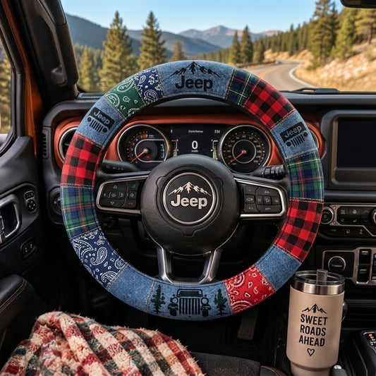 Rustic Plaid, Denim & Outdoor Adventure Design Steering Wheel Cover