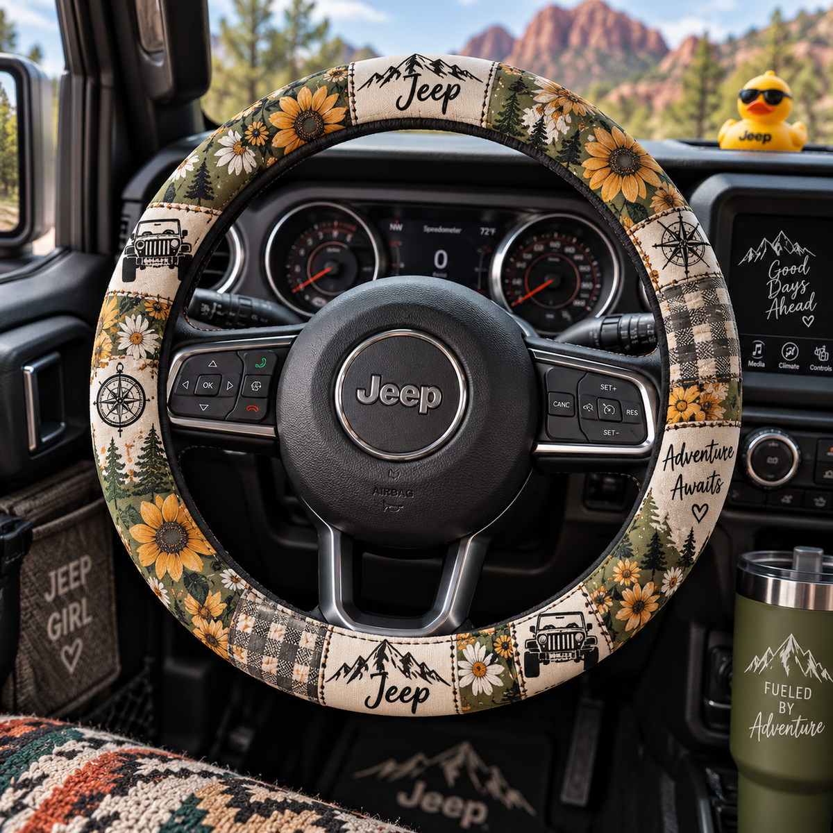 Sunflower, Daisy & Mountain Adventure Floral Jeep Steering Wheel Cover