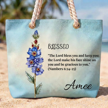 [Free delivery] Birth Month Flower Bible Verse Personalized Beach Bag