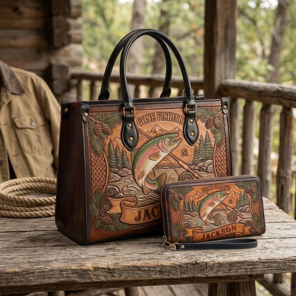Gone Fishing Trout Leather Bag + Free Wallet
