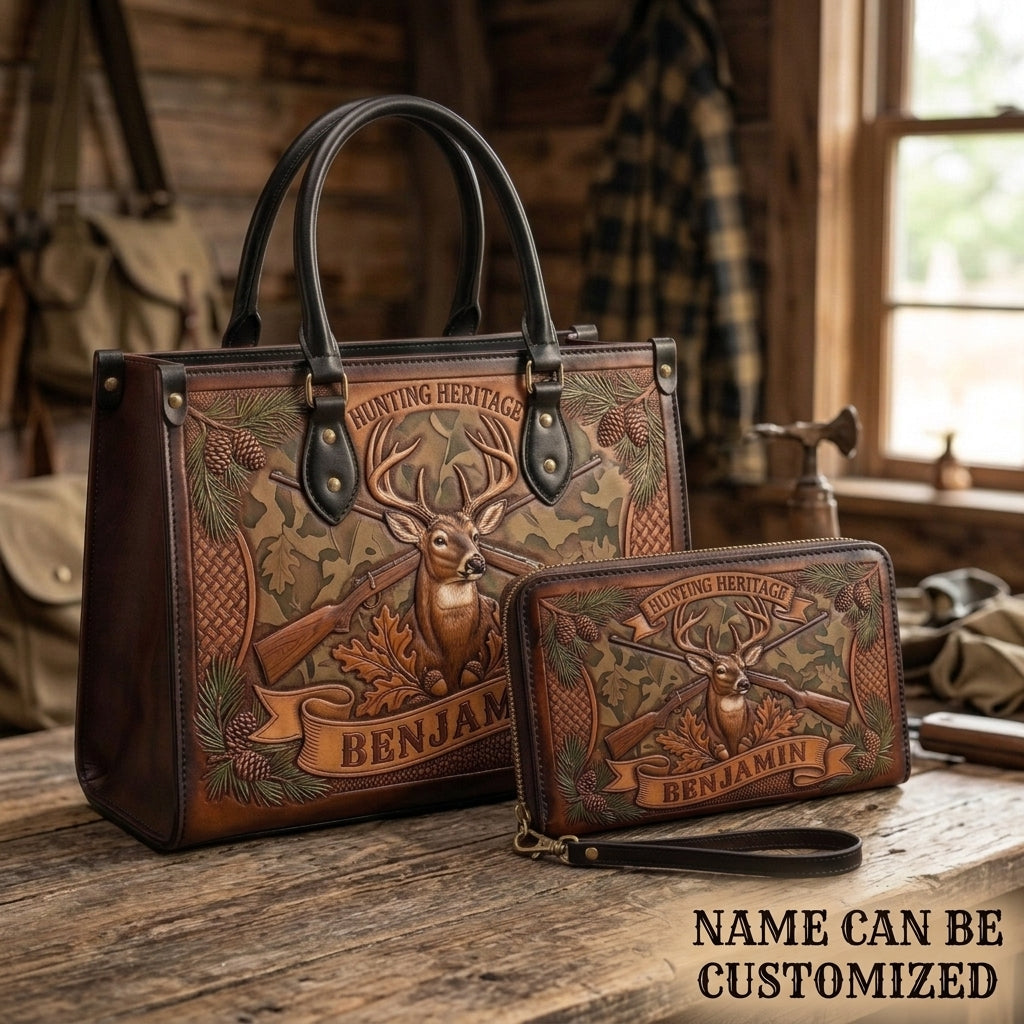 Hunting Heritage Camo Deer Leather Bag + Free Wallet
