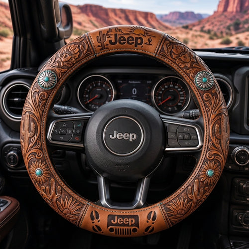 Western Tooled Leather Cactus & Turquoise Floral Design Steering Wheel Cover