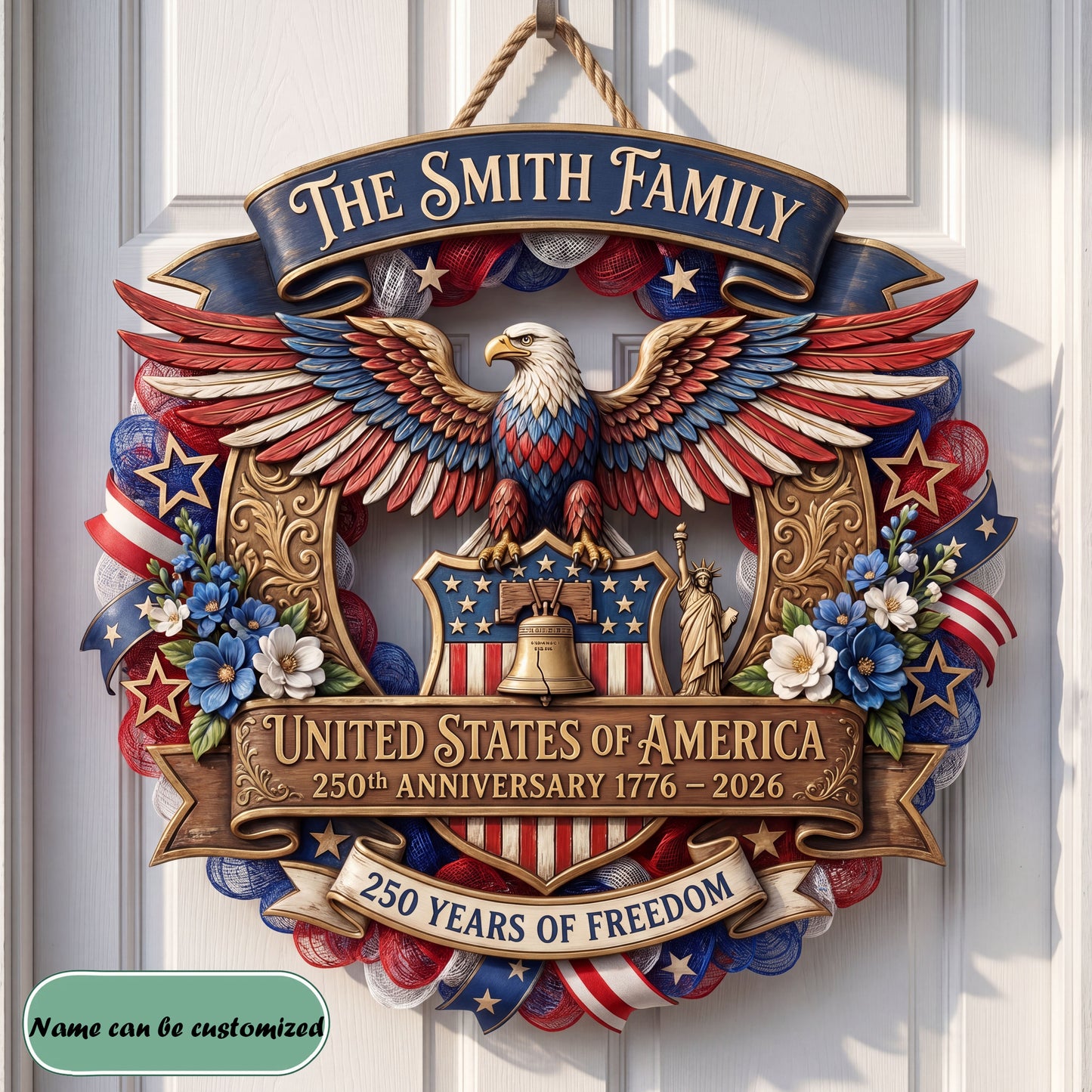 USA 250th Anniversary Wreath Personalized Custom Door Sign