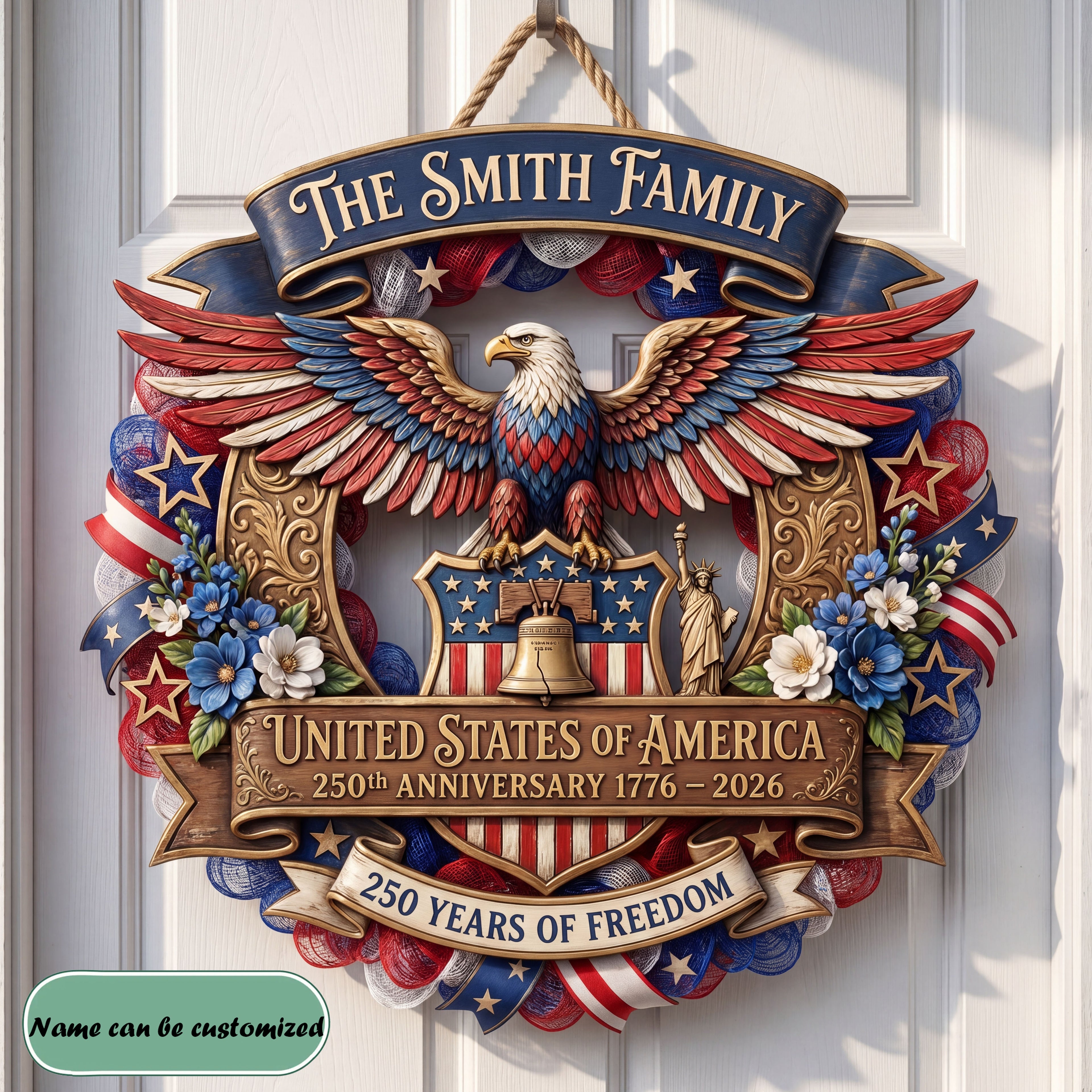 USA 250th Anniversary Wreath Personalized Custom Door Sign