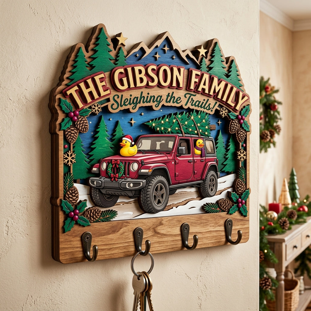 Sleighing the Trails Christmas Jeep Wood Key Holder