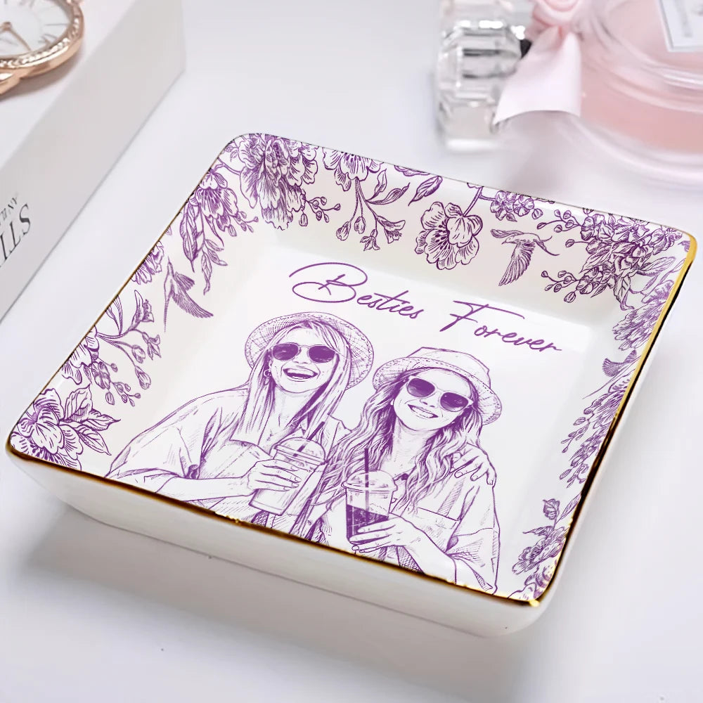 Custom Photo Pencil Sketch Loving Couple Family Pet - Personalized Ring Dish