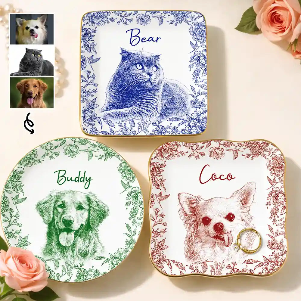 Custom Photo Pencil Sketch Loving Couple Family Pet - Personalized Ring Dish