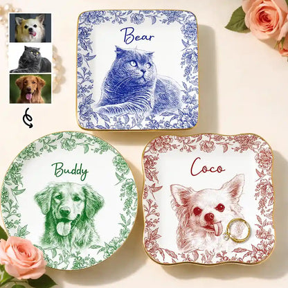 Custom Photo Pencil Sketch Loving Couple Family Pet - Personalized Ring Dish