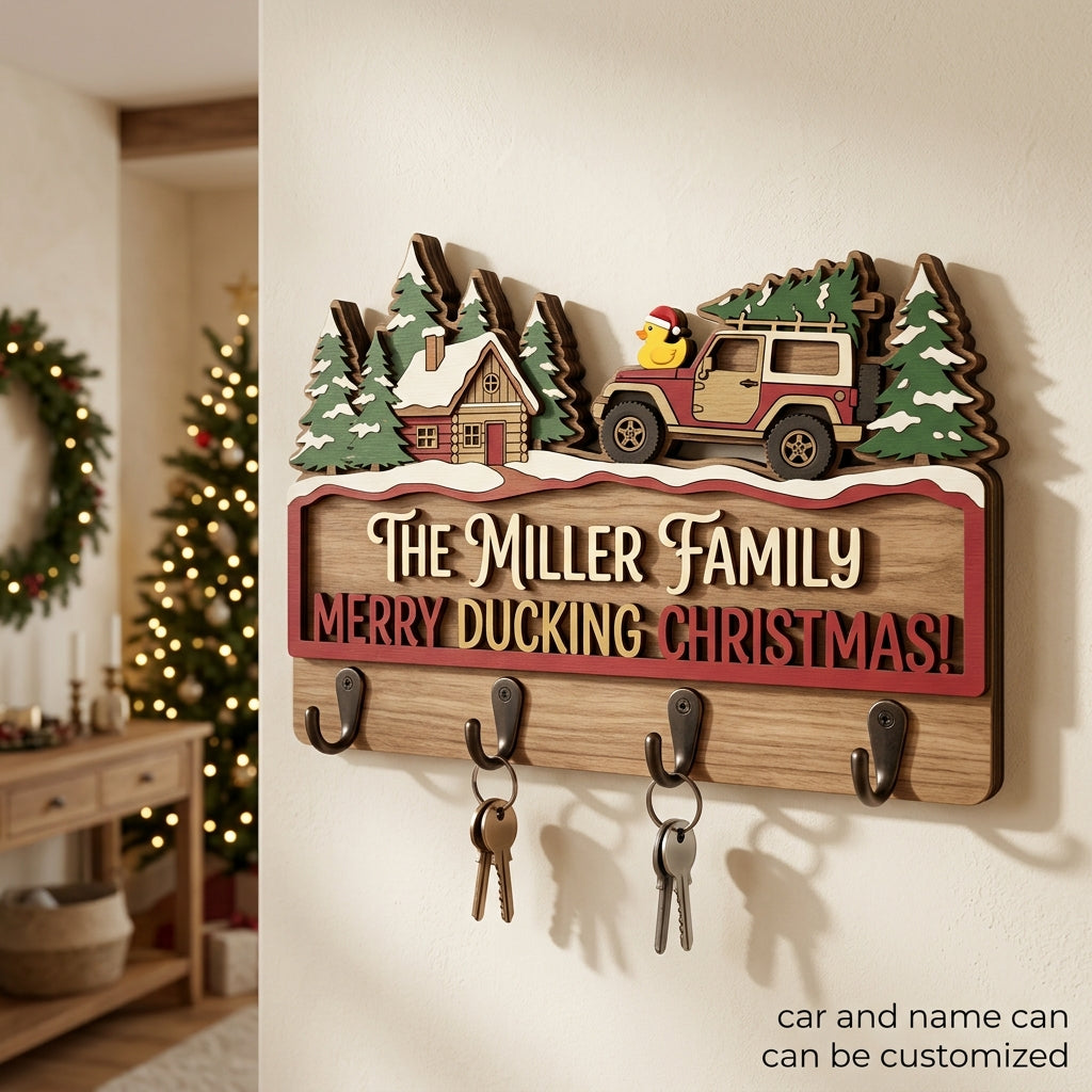 Merry Ducking Christmas Family Wood Key Holder