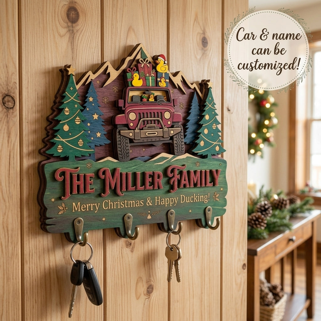 Merry Christmas & Happy Ducking Jeep Wood Key Holder