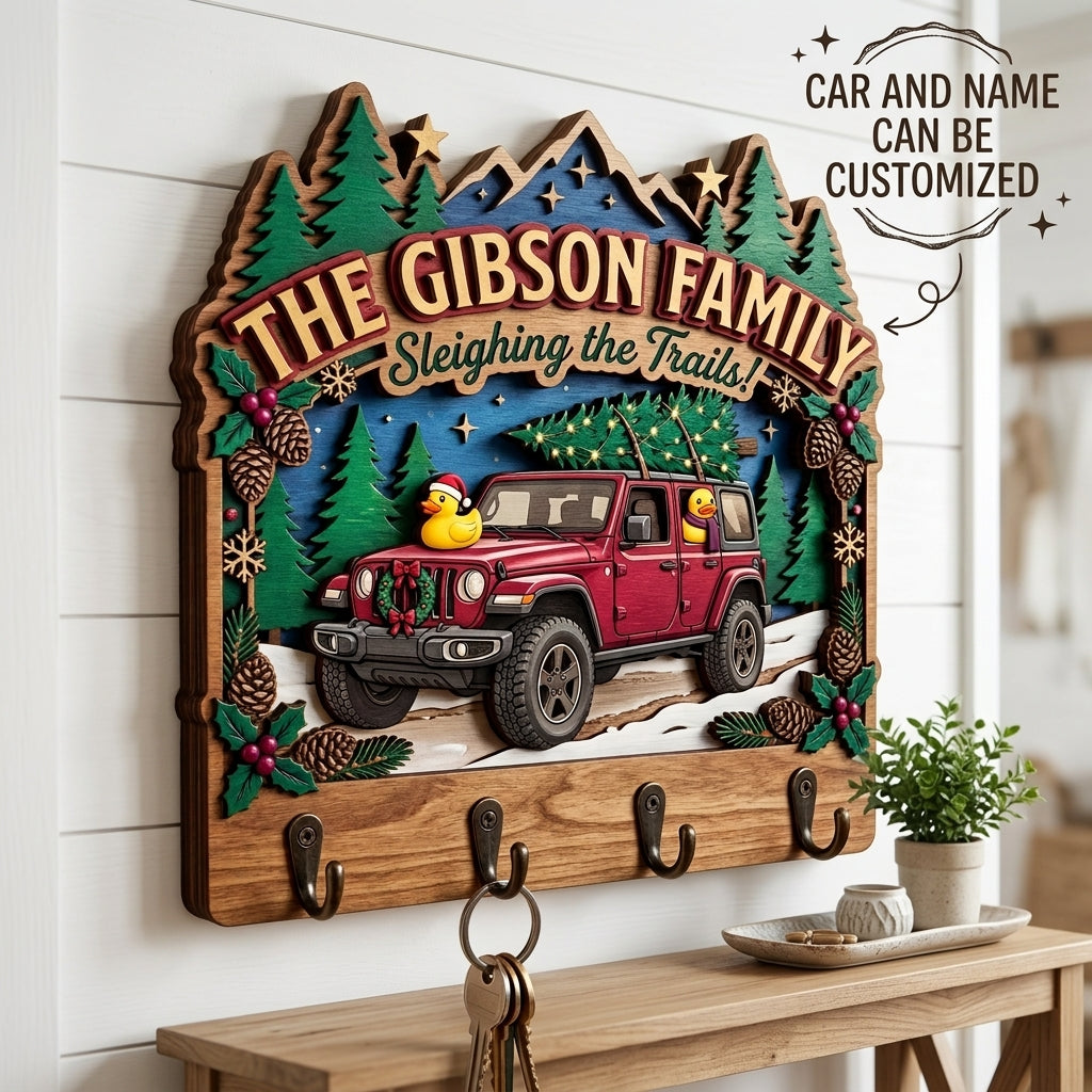 Sleighing the Trails Christmas Jeep Wood Key Holder