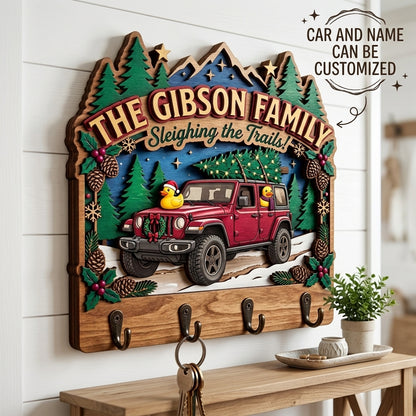 Sleighing the Trails Christmas Jeep Wood Key Holder