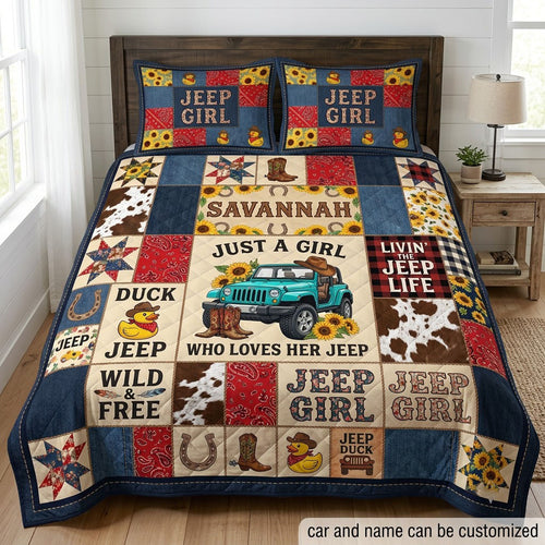 Jeep Girl Floral Patchwork Personalized Quilt Bedding Set