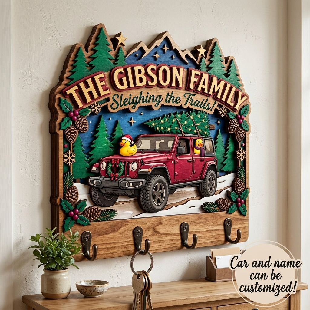 Sleighing the Trails Christmas Jeep Wood Key Holder