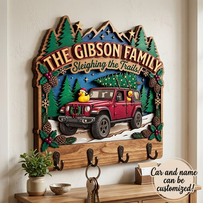 Sleighing the Trails Christmas Jeep Wood Key Holder