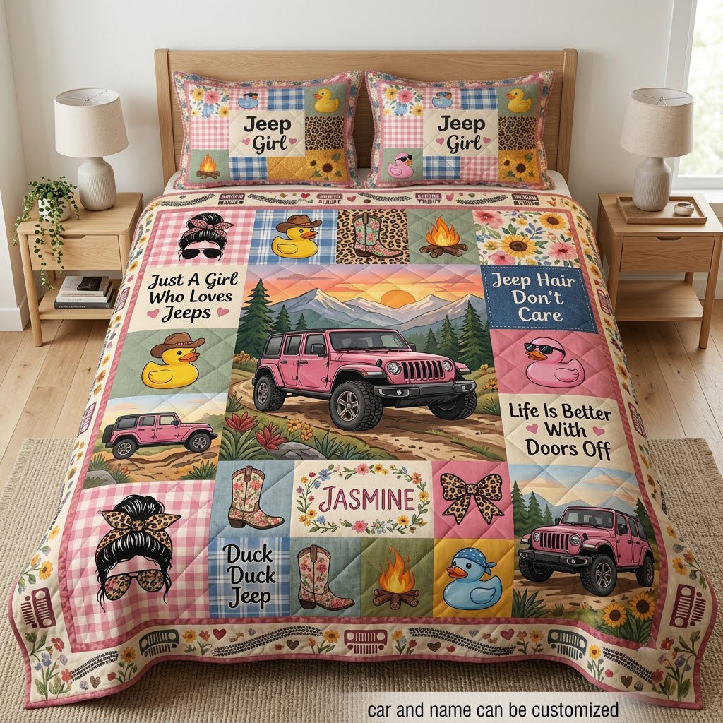 Jeep Girl Pink Jeep Personalized Quilt Bedding Set