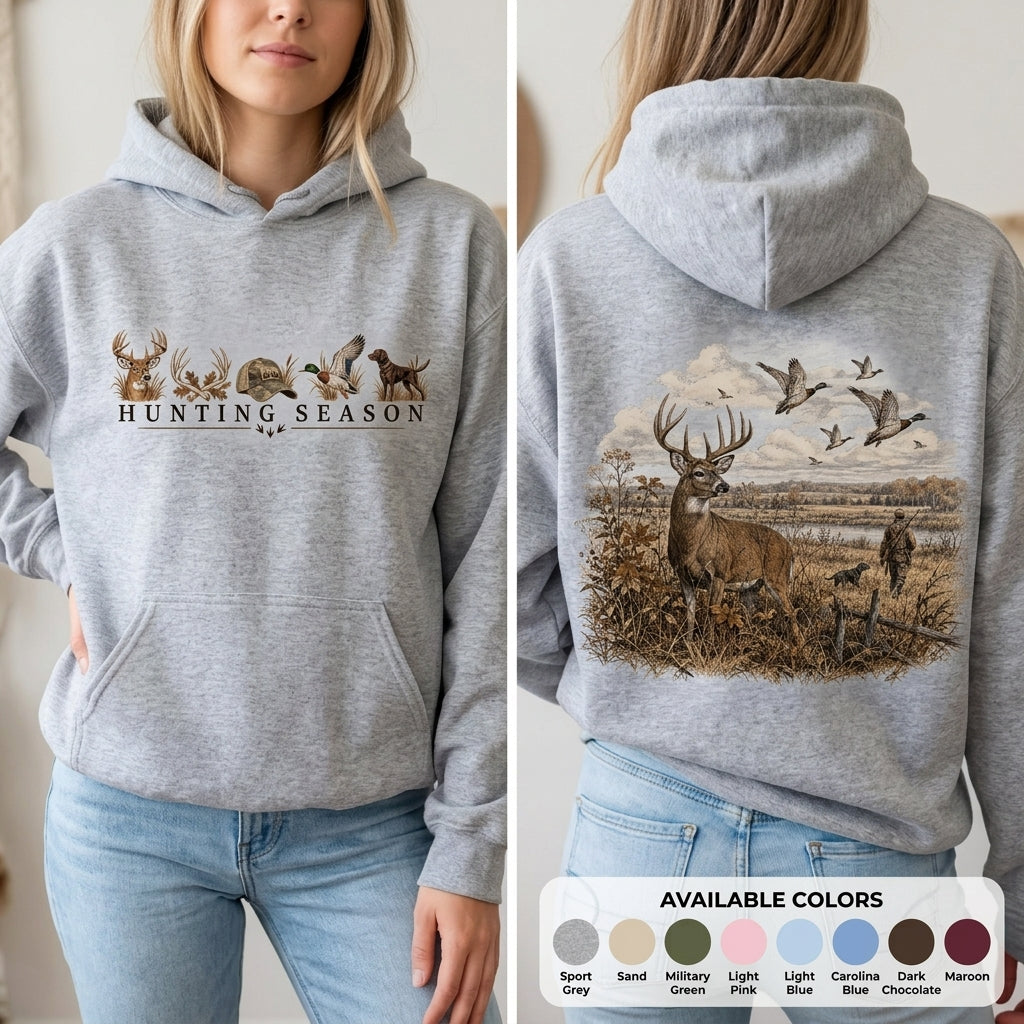 Hunting Season Hoodie, Vintage Deer Hunting Landscape Graphic Sweatshirt, Gift for Hunters