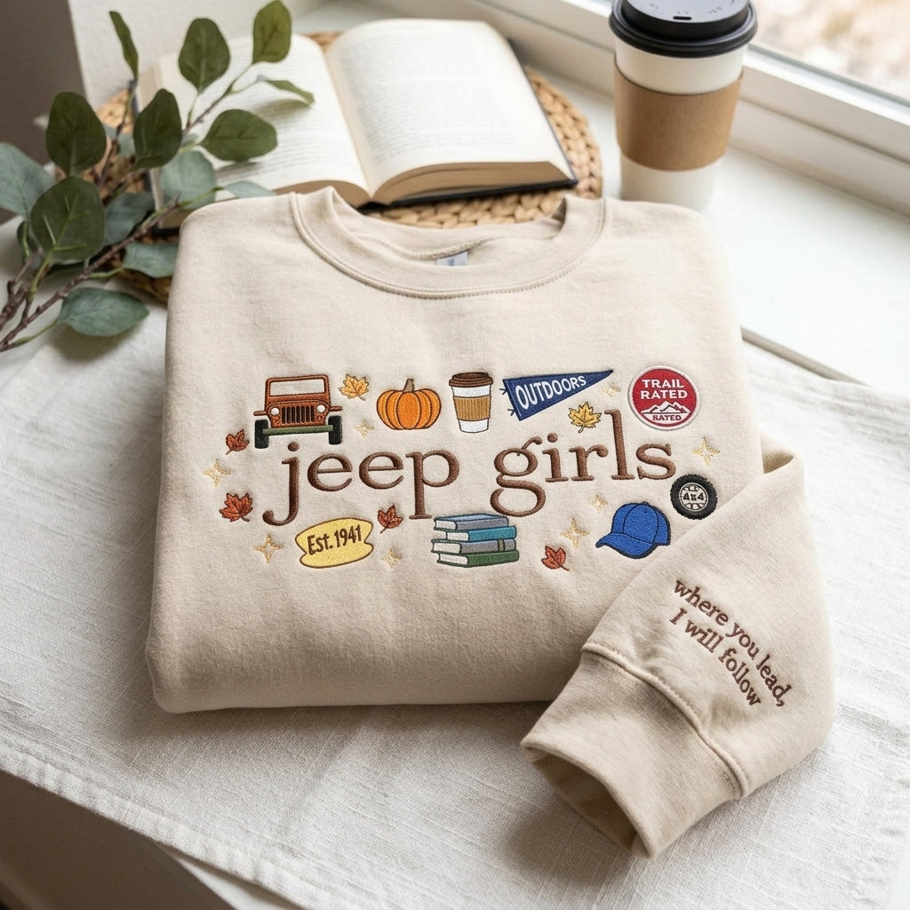 Jeep Girls Embroidered Sweatshirt, Fall Adventure Graphic Crewneck, Jeep Lover Gift for Women