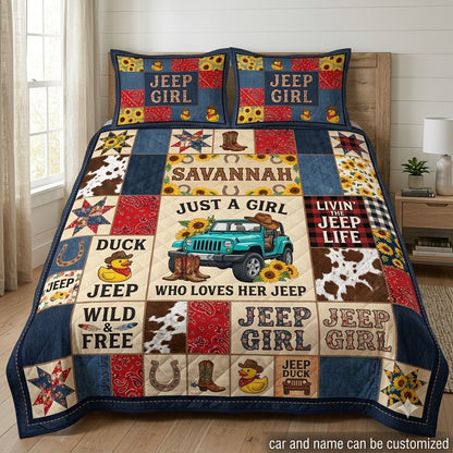 Jeep Girl Floral Patchwork Personalized Quilt Bedding Set