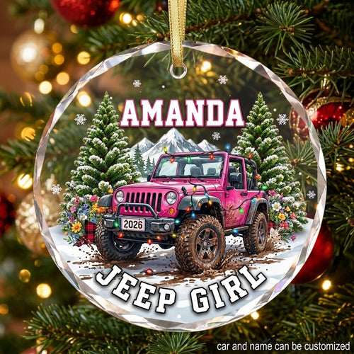 Pink Jeep Girl Personalized Christmas Glass Ornament