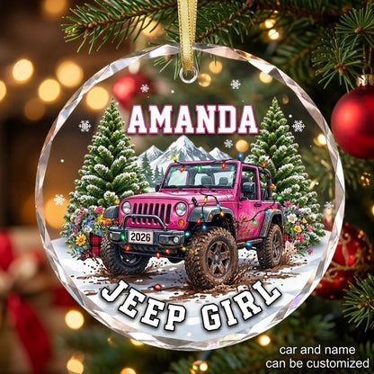 Pink Jeep Girl Personalized Christmas Glass Ornament