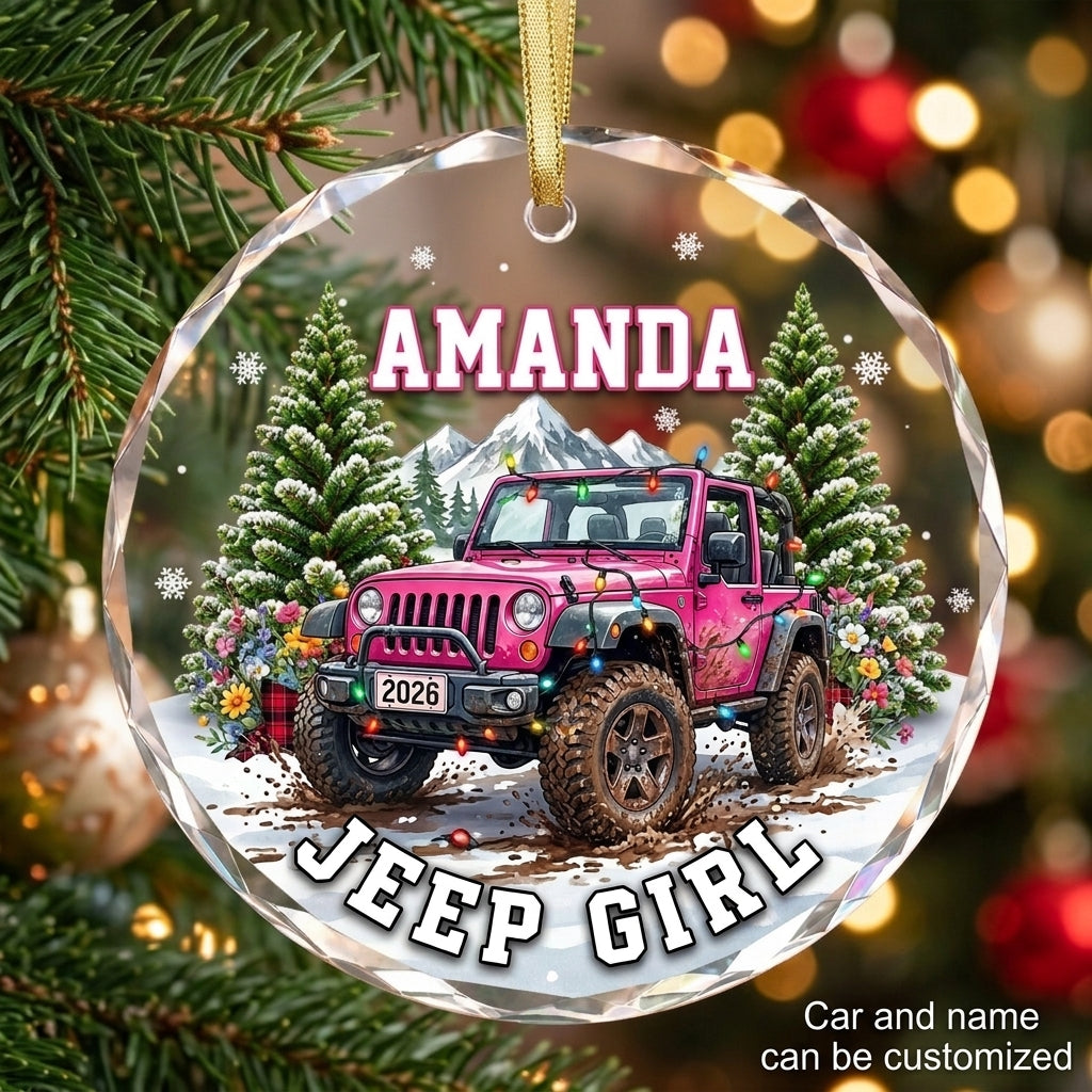 Pink Jeep Girl Personalized Christmas Glass Ornament