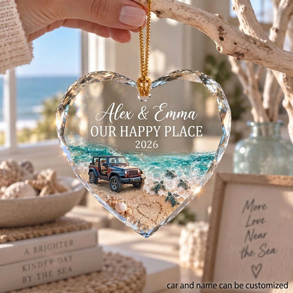 Jeep Our Happy Place Personalized Heart Glass Ornament
