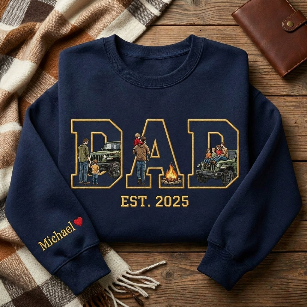 Personalized Dad with Photo Letters, Custom Sleeve Name Heart Embroidery, Faceless Portrait Sweatshirt