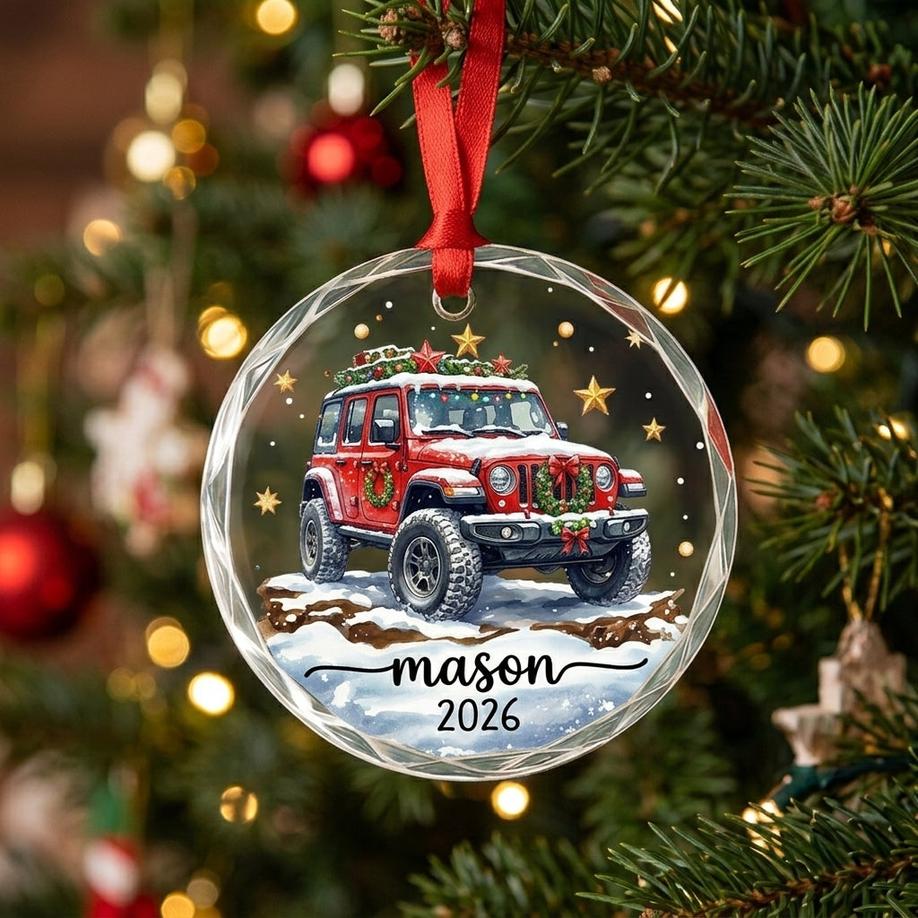 Jeep Snowy Adventure Personalized Glass Ornament