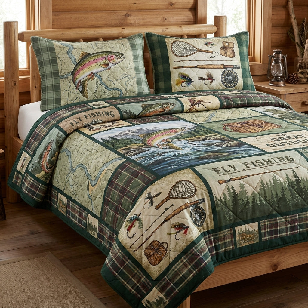 Vintage Fly Fishing Lodge Quilted Bedding Set