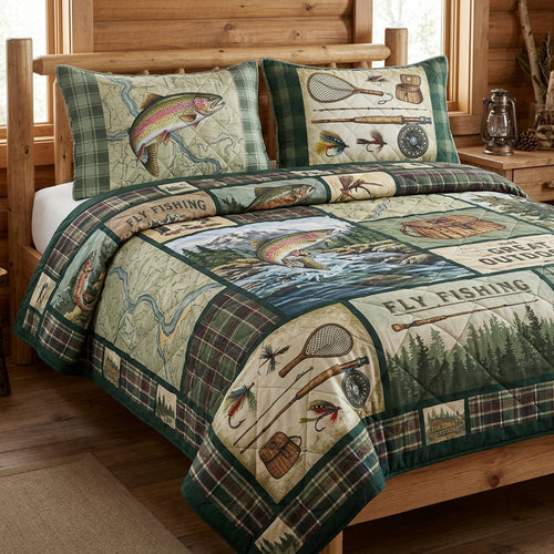 Vintage Fly Fishing Lodge Quilted Bedding Set