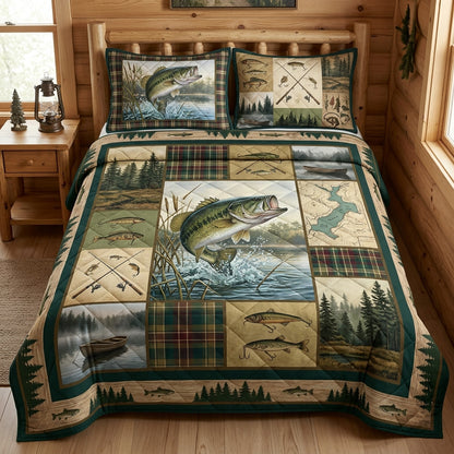 Bass Fishing Wilderness Adventure Quilted Bedding Set
