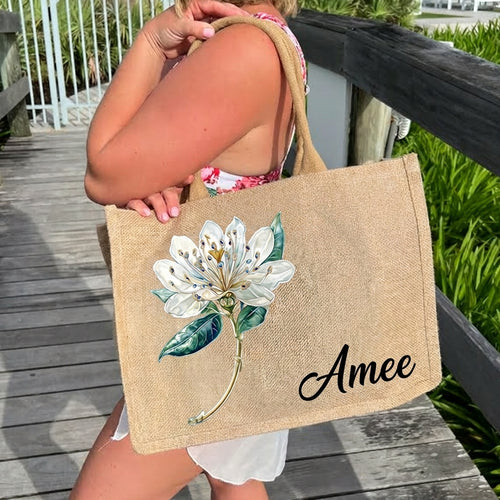 Birth Month Flower Personalized Jute Tote Bag