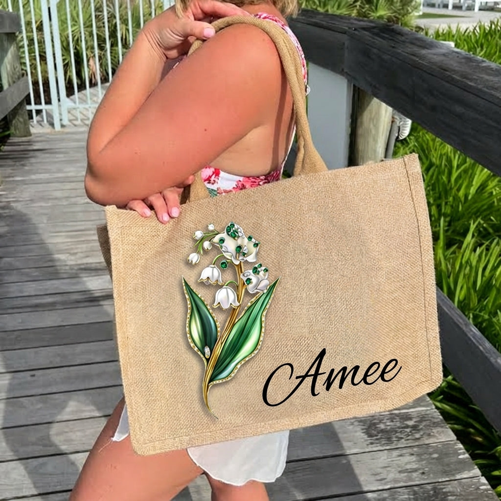 [Free delivery] Birth Month Flower Personalized Jute Tote Bag