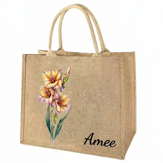 Birth Month Flower Personalized Jute Tote Bag
