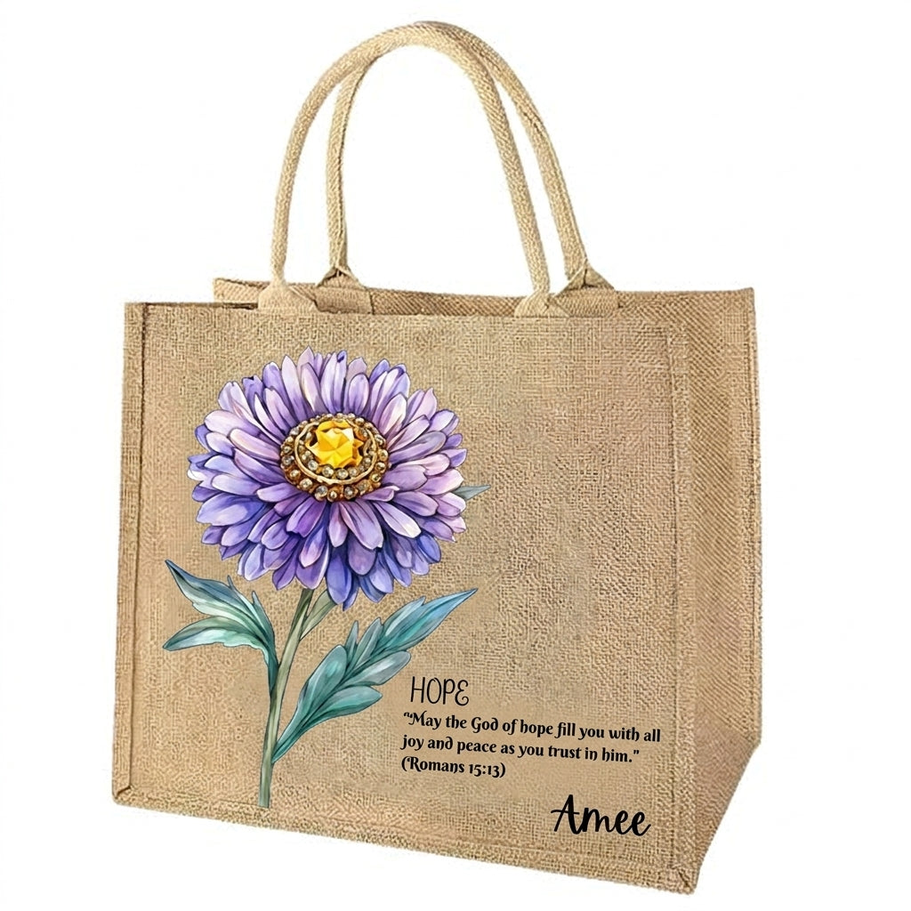 [Free delivery] Birth Month Flower Bible Verse Personalized Jute Tote Bag
