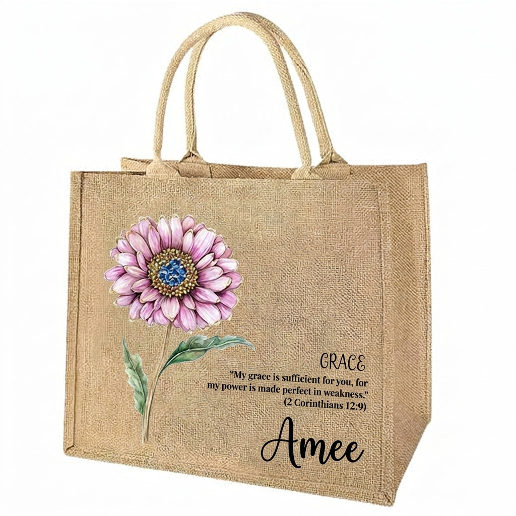 [Free delivery] Birth Month Flower Bible Verse Personalized Jute Tote Bag
