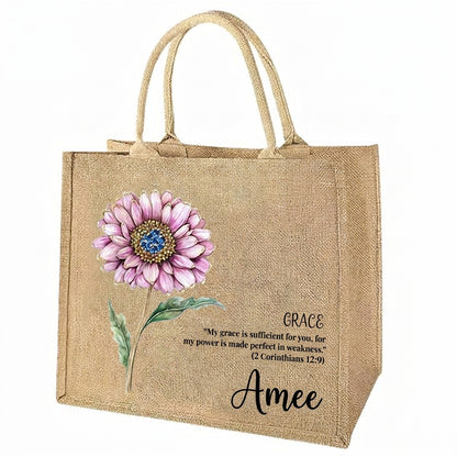 [Free delivery] Birth Month Flower Bible Verse Personalized Jute Tote Bag
