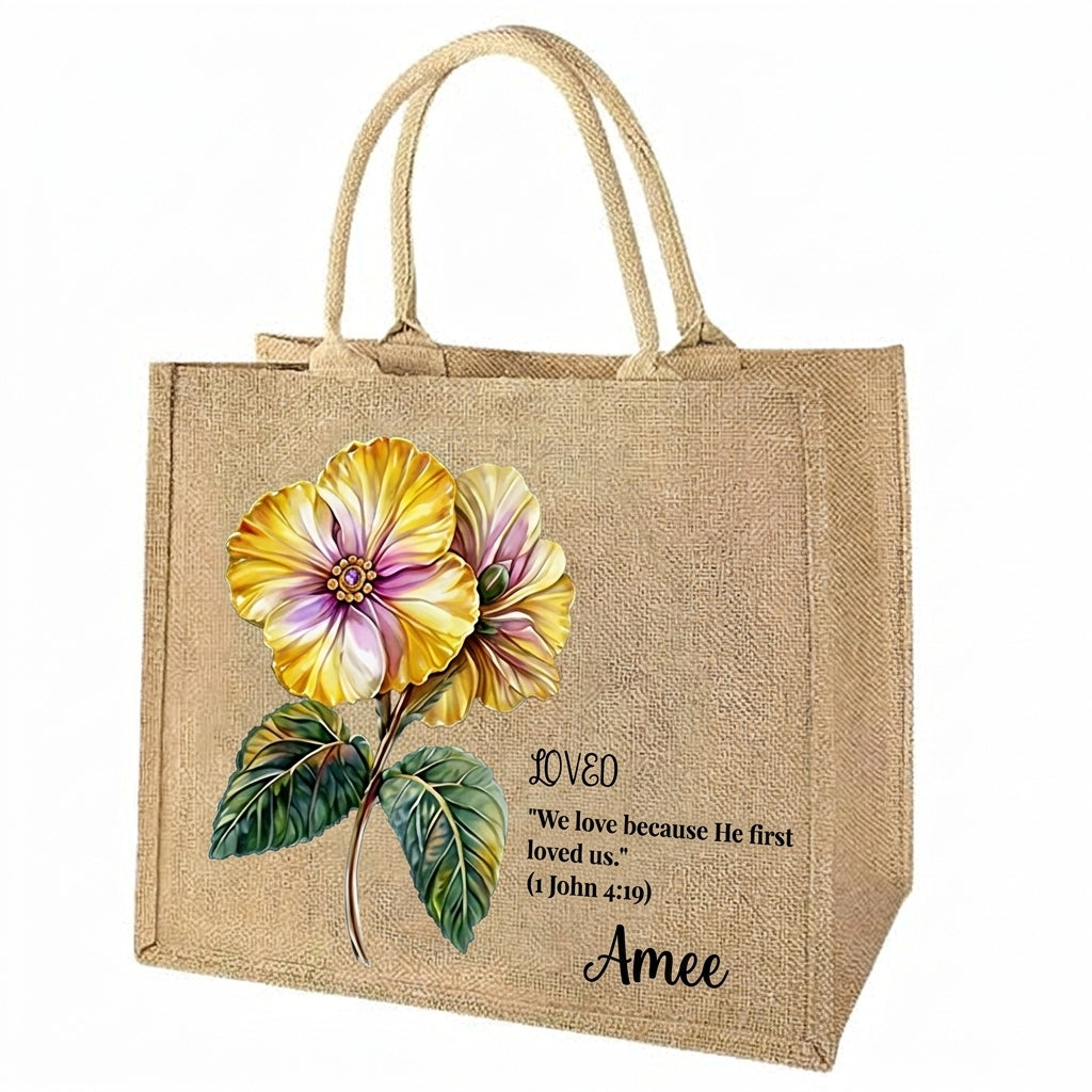 [Free delivery] Birth Month Flower Bible Verse Personalized Jute Tote Bag