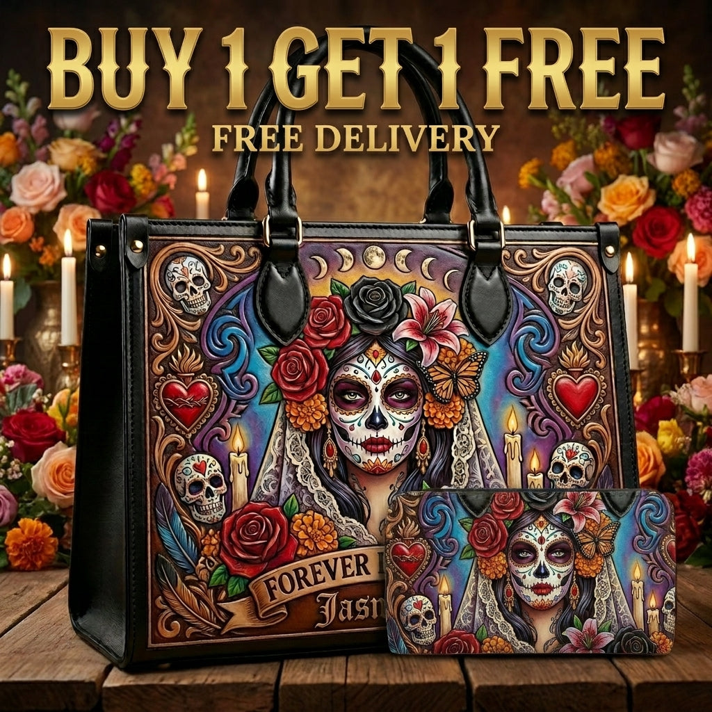 Forever In Bloom Rose Skull Lady Personalized Leather Bag + Free Wallet