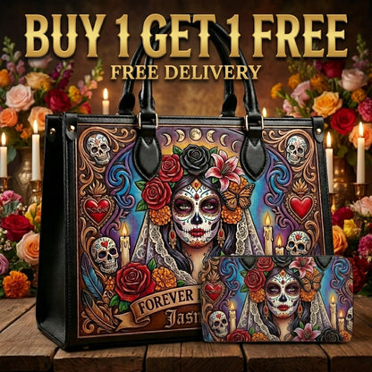 Forever In Bloom Rose Skull Lady Personalized Leather Bag + Free Wallet