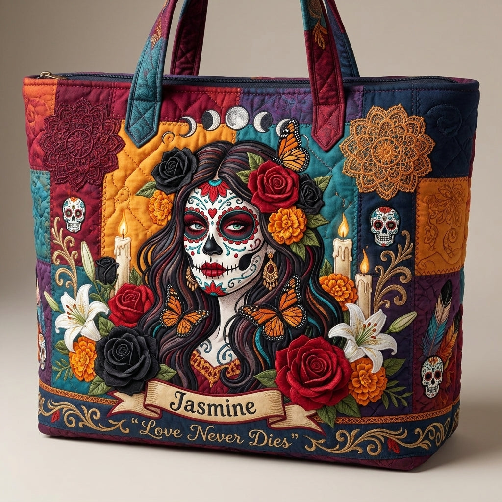 Love Never Dies Rose Skull Lady Personalized Quilted Tote Bag & Free-Motion Embroidery Wallet Set