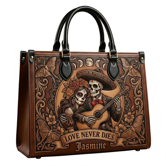 Love Never Dies Skull Couple Personalized Leather Bag + Free Wallet