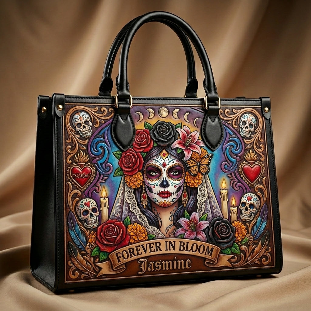 Forever In Bloom Rose Skull Lady Personalized Leather Bag + Free Wallet