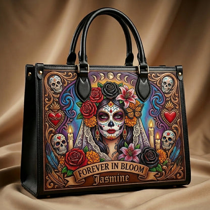 Forever In Bloom Rose Skull Lady Personalized Leather Bag + Free Wallet
